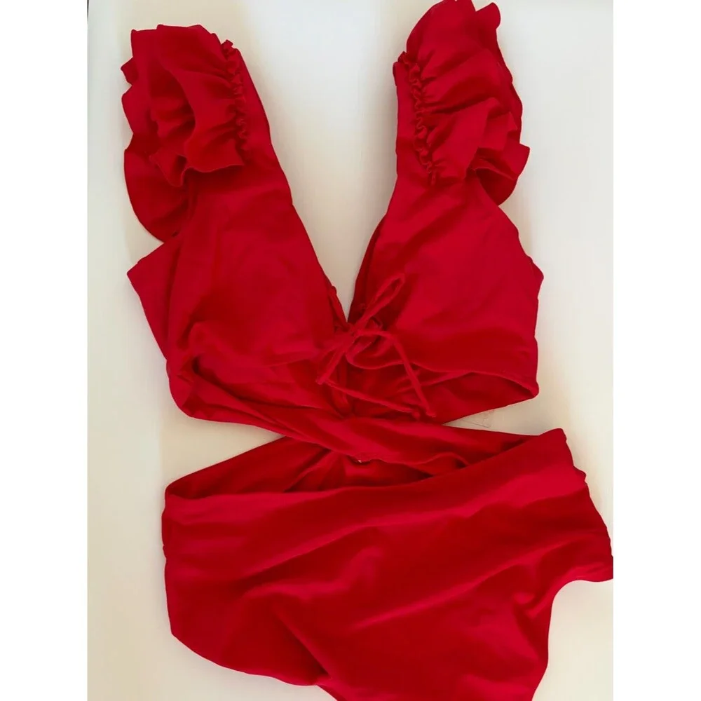 Red Ruffle Shoulder Cutout One-Piece Swimsuit NEW Medium